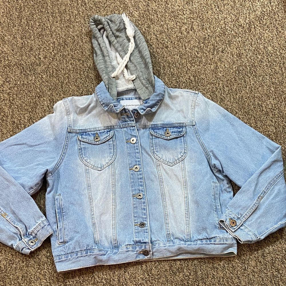 The Style Between Us Kids Blue Denim Jacket with Gray Hood Size L